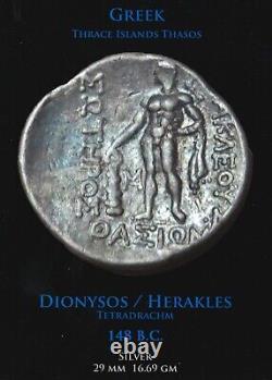 Thrace Thasos, Tétradrachme d'argent 148 av. J.-C. Dionysos, Héraclès. 29 mm 16,7 g